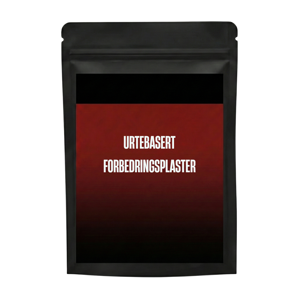 Luksuriøst urtebasert forbedringsplaster pakket i en elegant svart pose, med tydelig tekst.