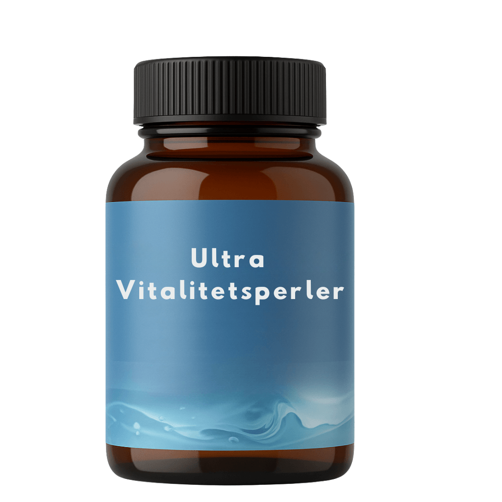 Ultra Vitalitetsperler hudpleieprodukt i brunt glass med blå etikett for jevnere og friskere hud.