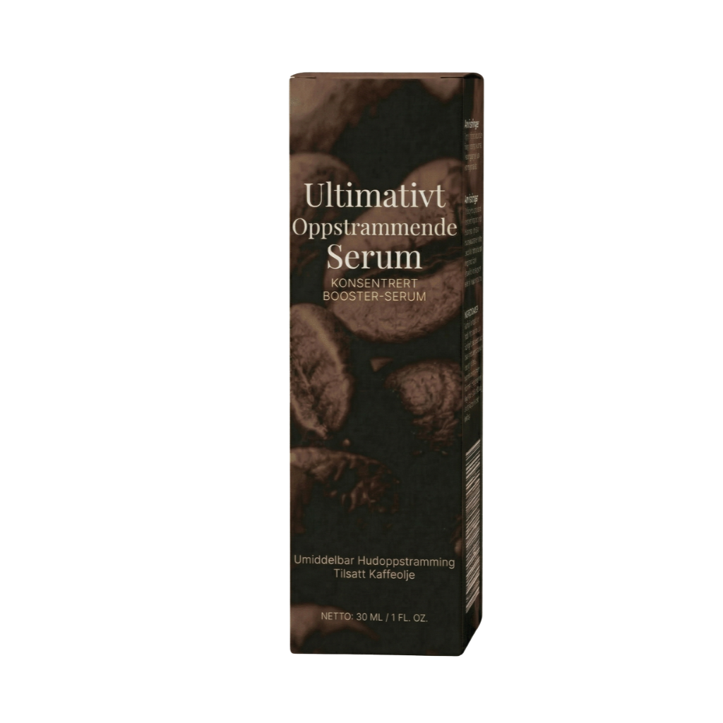 Ultraoppstrammende serum emballasje med elegant design og naturlige ingredienser for glattere hud.