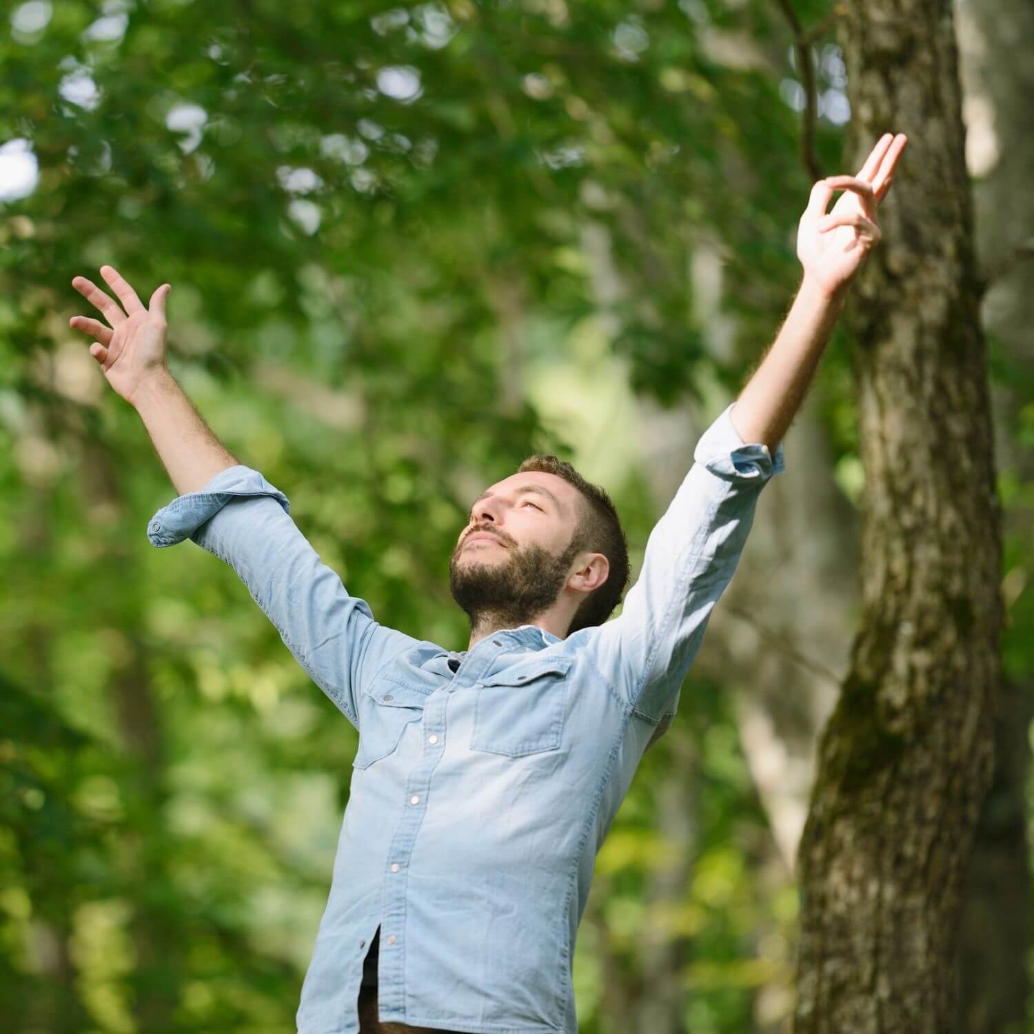 Man in a blue shirt joyfully raising his arms outdoors surrounded by trees.
