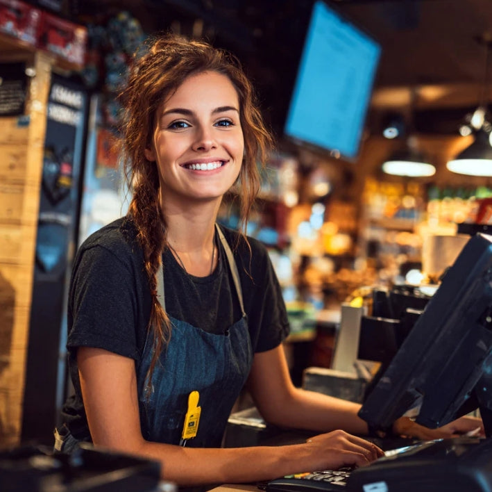 Smiling young woman working at a retail counter, showcasing friendly customer service in a vibrant store.