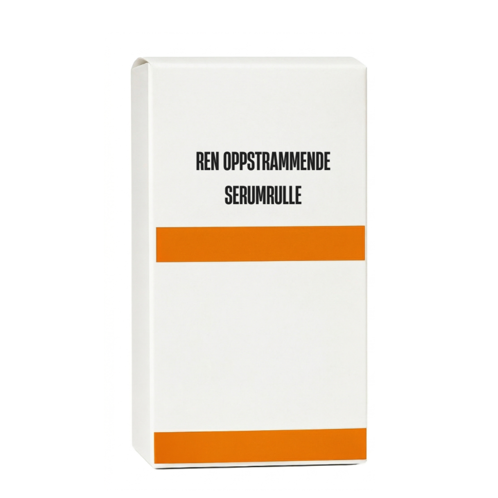 Ren oppstrammende serumrulle pakket i elegant hvit eske med oransje detaljer, perfekt for daglig hudpleie.