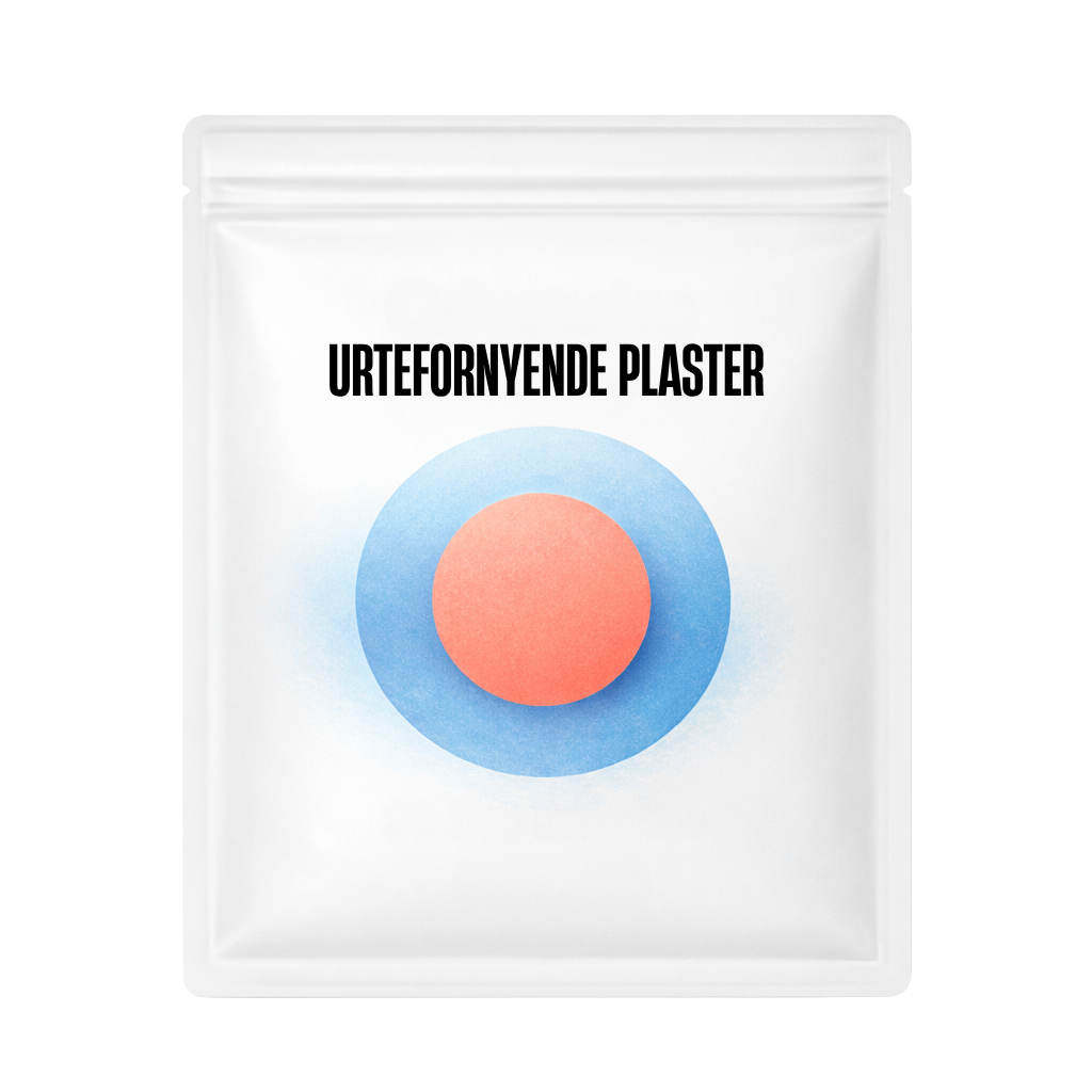 Pakkedesign for Urtefornyende plaster med blå og rosa sirkel på hvit bakgrunn.
