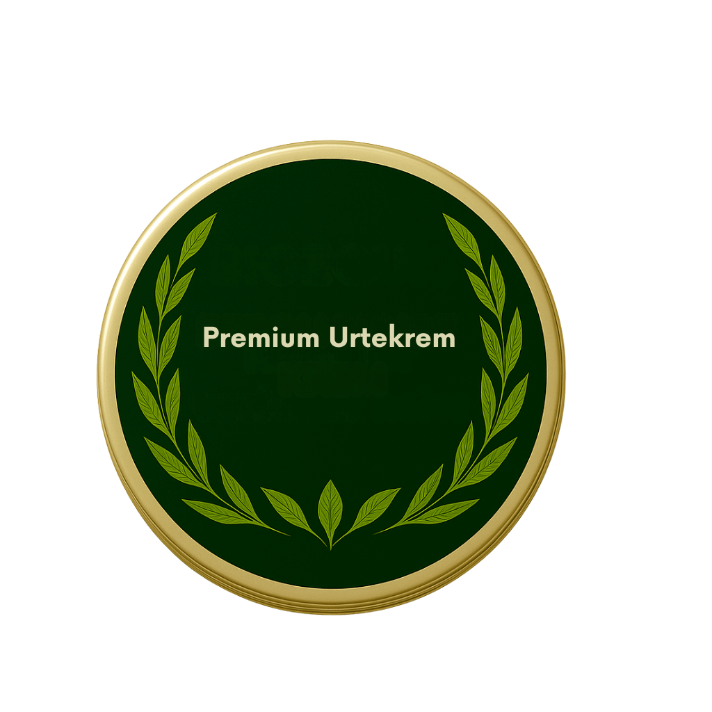 Boks med Premium Urtekrem, elegant design med grønne blader og gullkant.