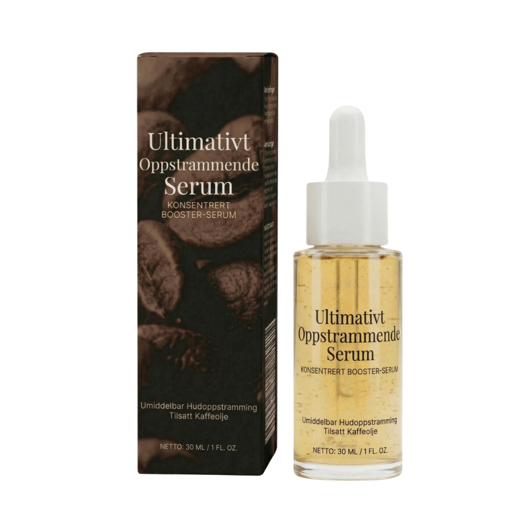 Ultimat oppstrammende serum i glassflaske med pipette, pakket i elegante eske.