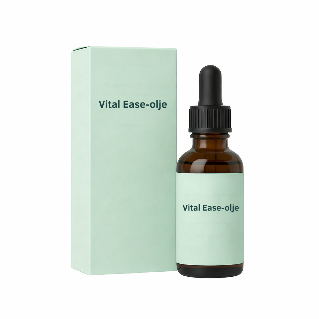 Vital Ease-olje skjønnhetspleieprodukt i glassflaske med pipette og emballasje.
