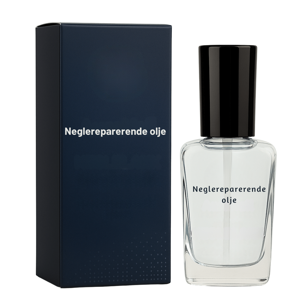 Neglereparerende olje i glassflaske med emballasje, gir glatte og velpleide negler.