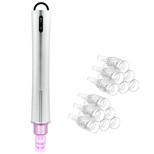 RenLys Microneedling Pen with adjustable needles and replacement caps for skin rejuvenation.