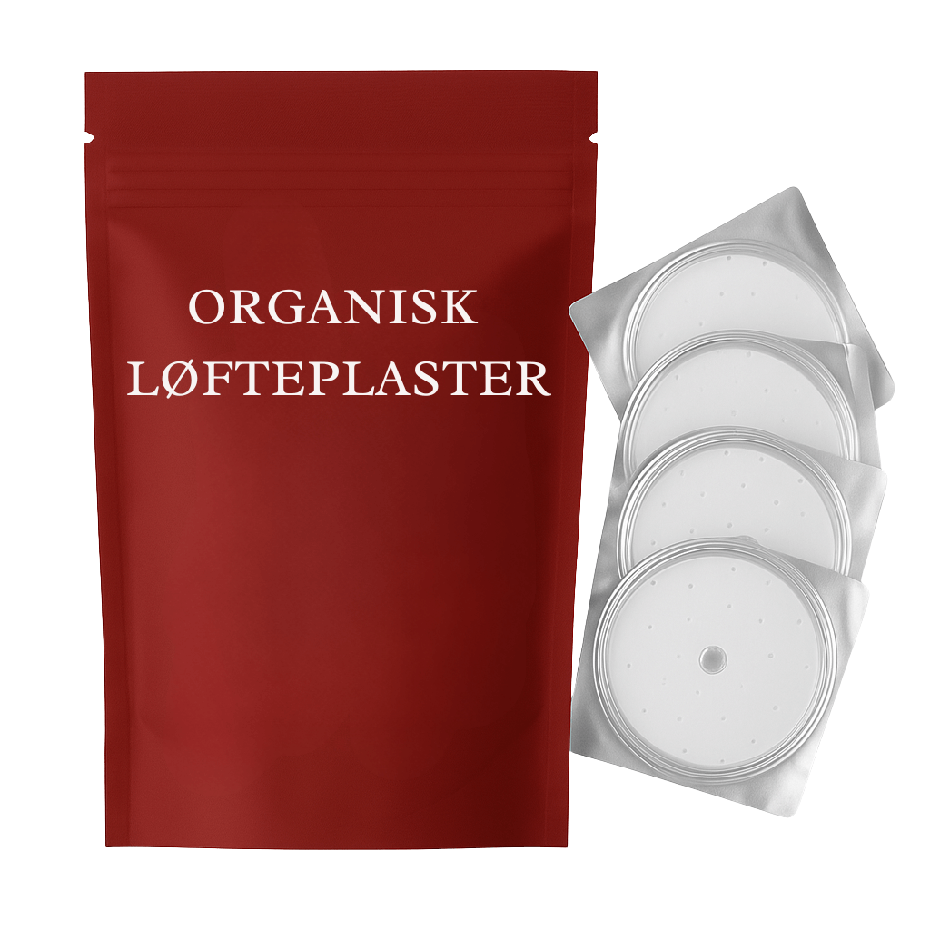 Organisk Løfteplaster pakket i rød pose med hudpleieplaster i plastbeholdere.
