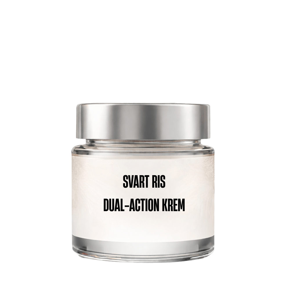 Svart ris dual-action krem in a stylish glass jar, promoting smooth and radiant skin.