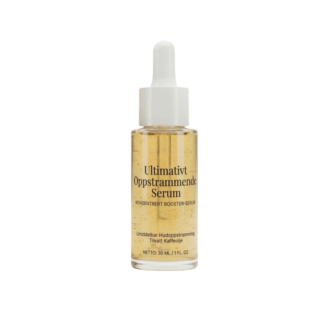 Ultraoppstrammende serum i en glassflaske med pipette for strålende hudtone.