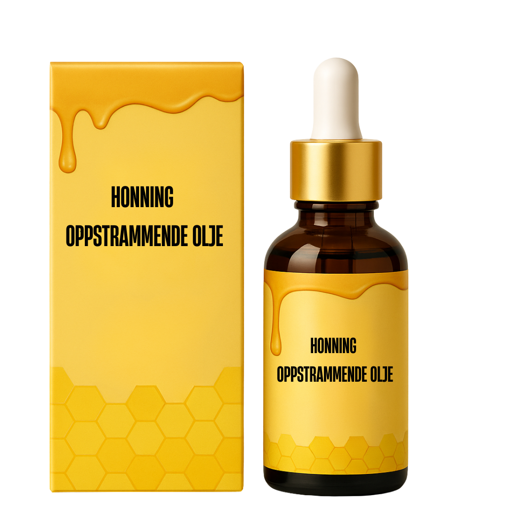 Honning Oppstrammende Olje flaske og eske med honning design for intensiv hudpleie.