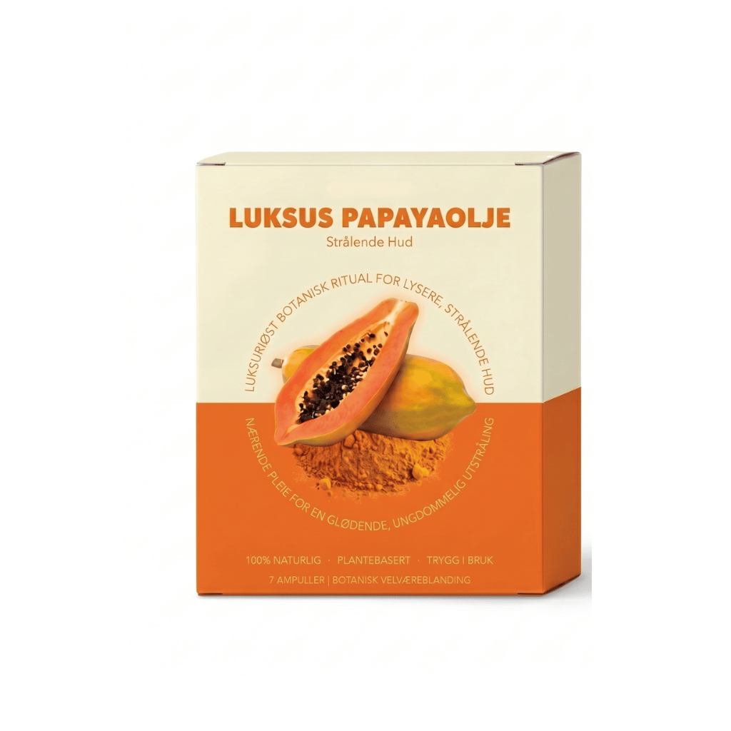 Luksus papayaolje - emballasje med papaya og beskrivelse for strålende hud.