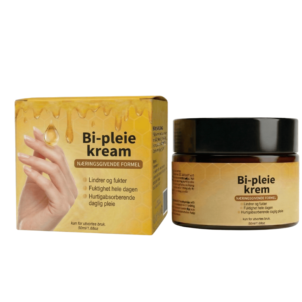 Luksuriøs biepleiekrem i emballasje, viser ingredienser og anvendelse for daglig hudpleie.