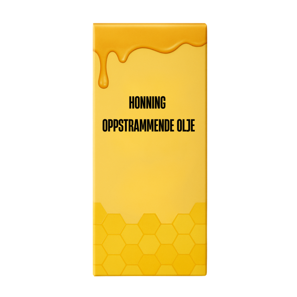 Honning Oppstrammende Olje emballasje med honningdråpe og bikake-design.