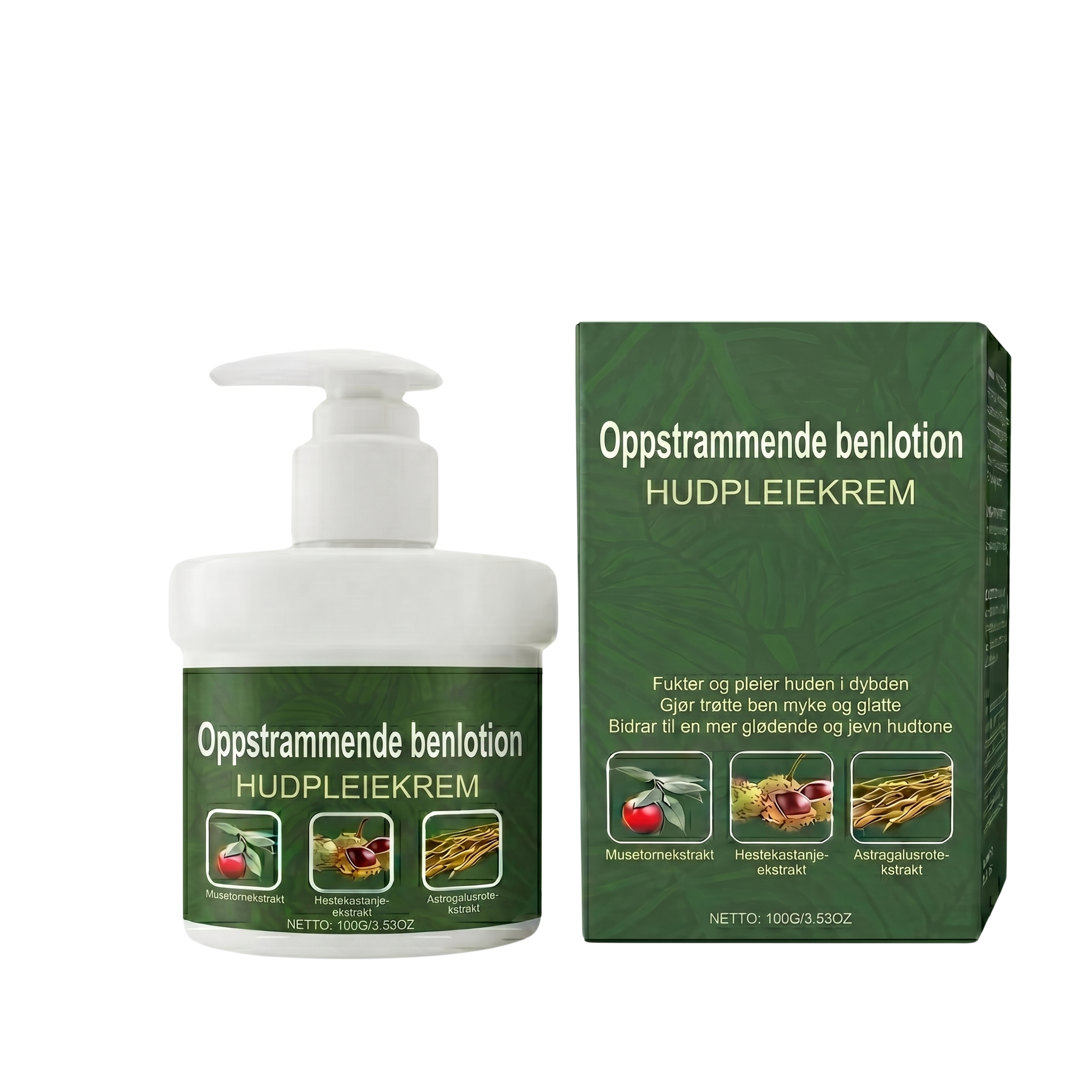 Oppstrammende Benlotion i dispenser med emballasje, hudpleie for strammere og glattere hud.