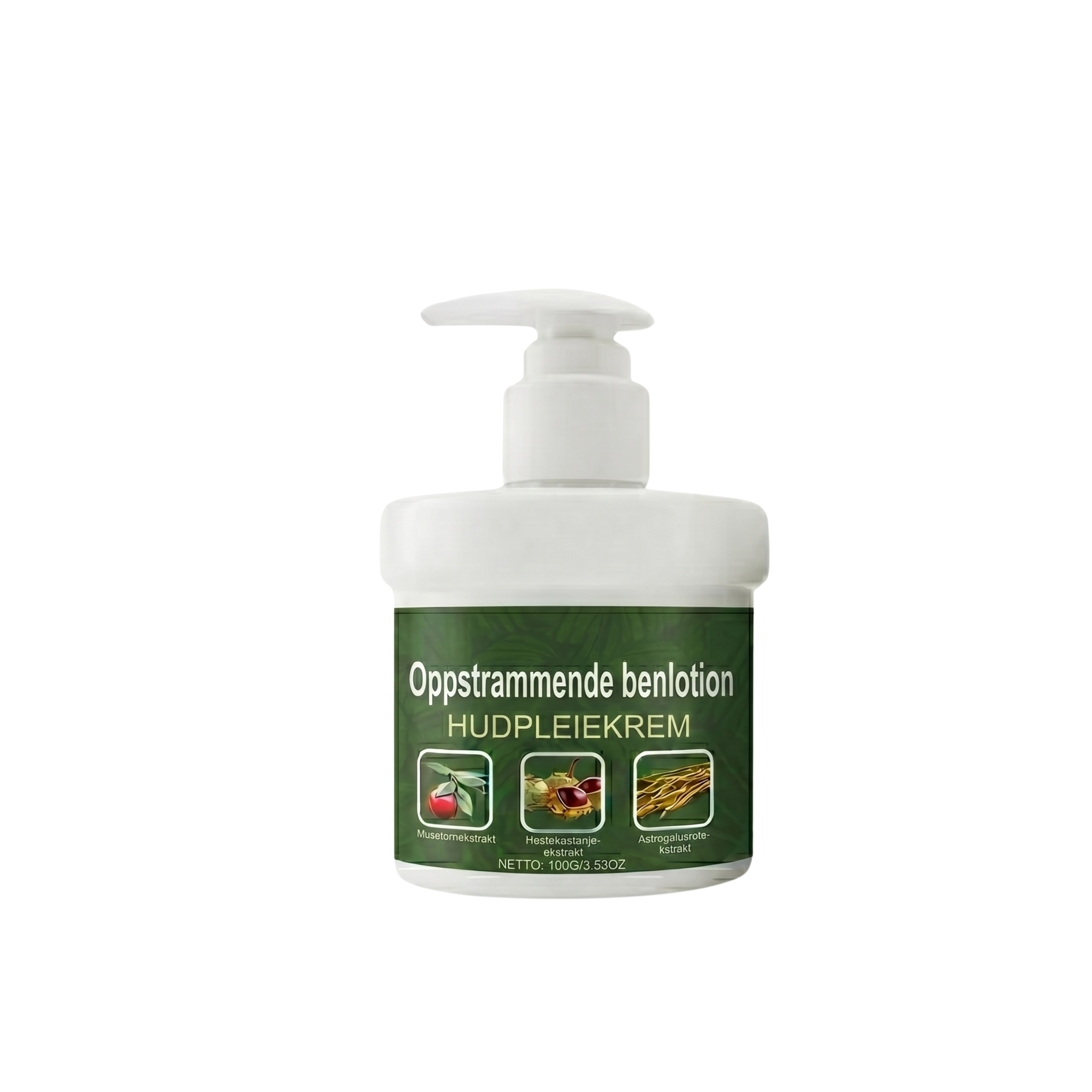 Oppstrammende Benlotion i pumpeflaske, hudpleieprodukt for strammere og glattere hud.