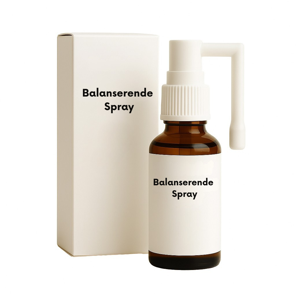 Balanserende Spray i en brun flaske med hvit etikett og eske, perfekt for jevnere hudutseende.