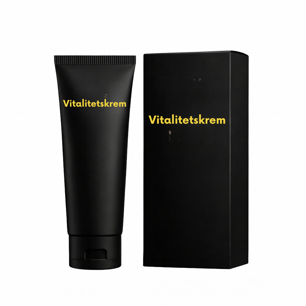 Vitalitetskrem tube and box packaging showcasing a sleek design for daily skincare use.