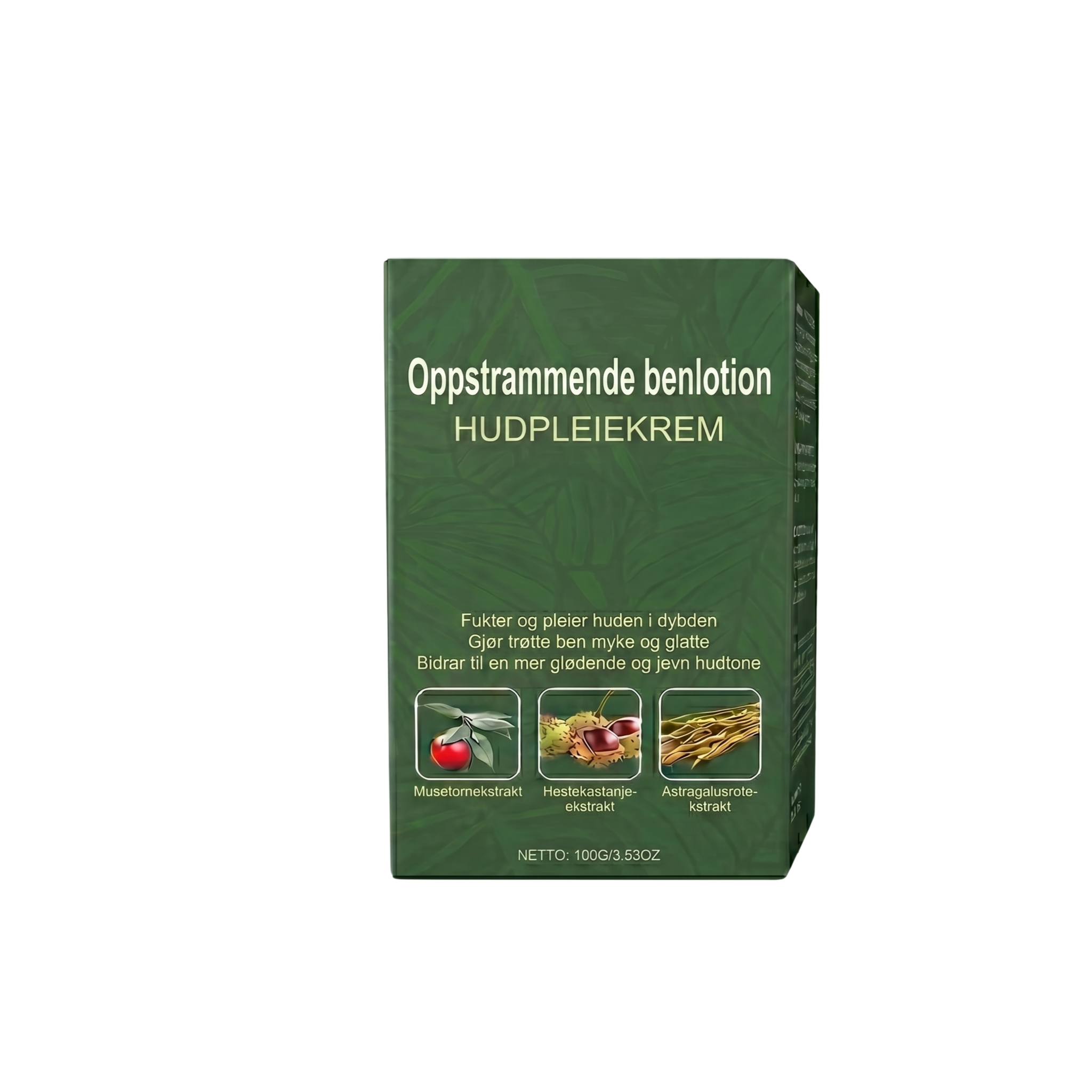 Oppstrammende Benlotion emballasje, hudpleiekrem for glattere og fastere hud.