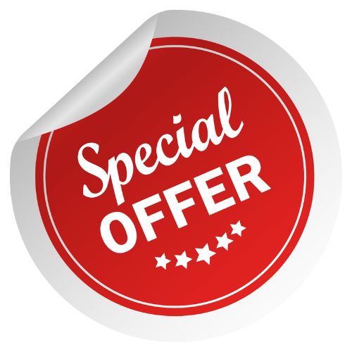 Special Offer sticker with a red background and white text promoting discounts.