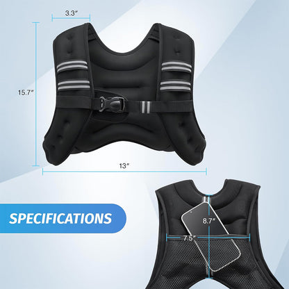 RenLys KlarVest specifications with dimensions shown on a stylish black weighted vest.
