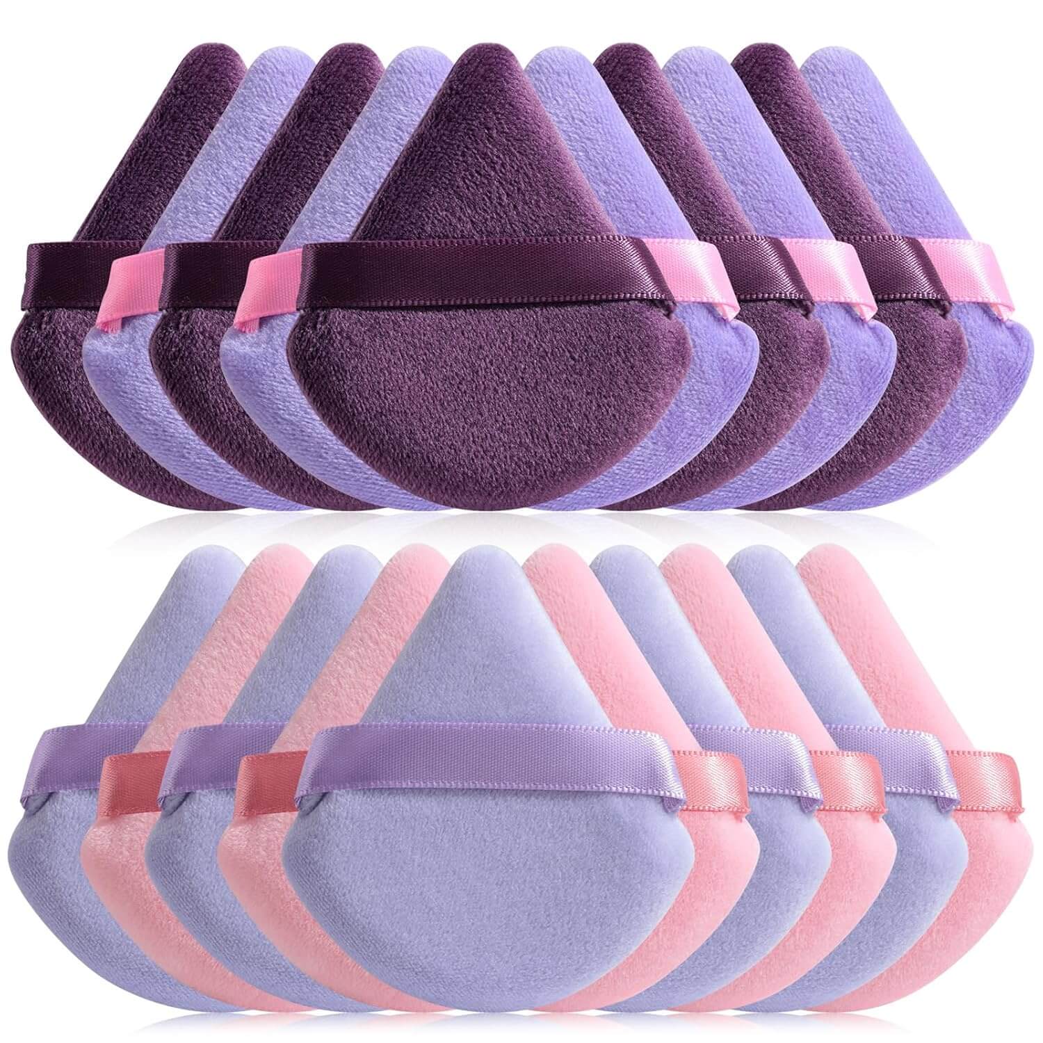 Renlys – Triangel Sminkesvampsett, sett med myke sminkesvamper i lilla og rosa, perfekt for jevn påføring av sminke.