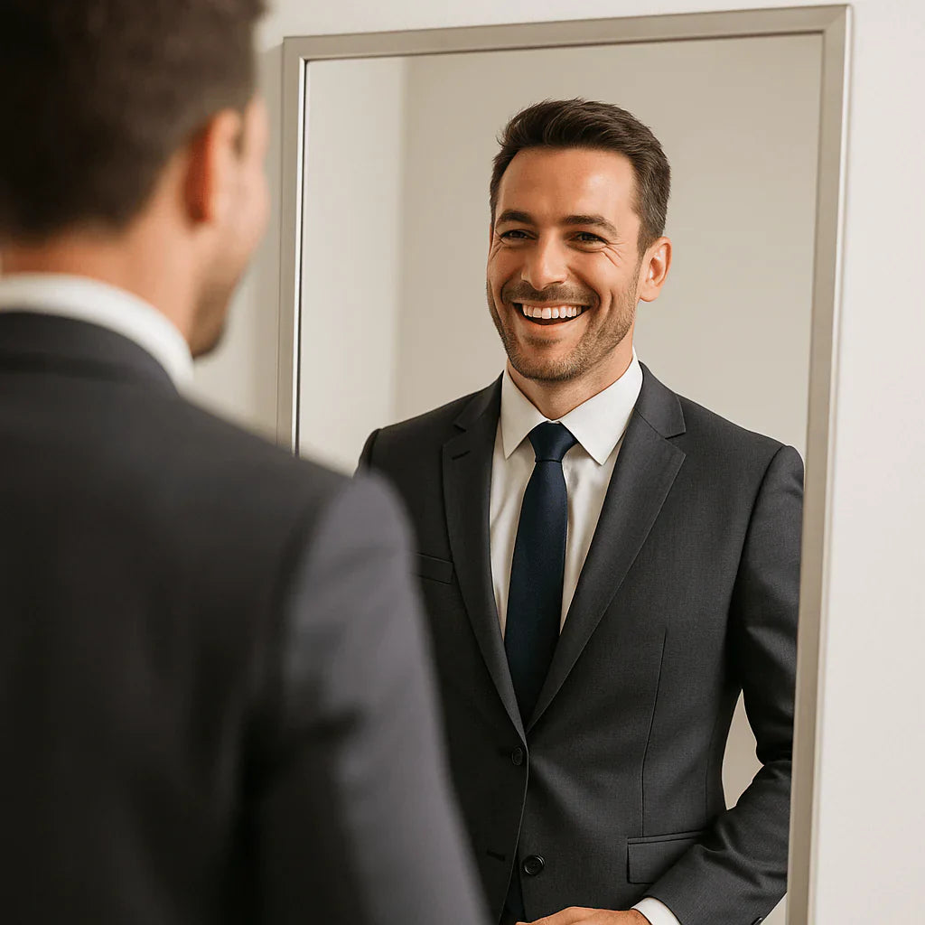 En smilende mann i dress ser seg selv i speilet, utstråler selvtillit og glede.